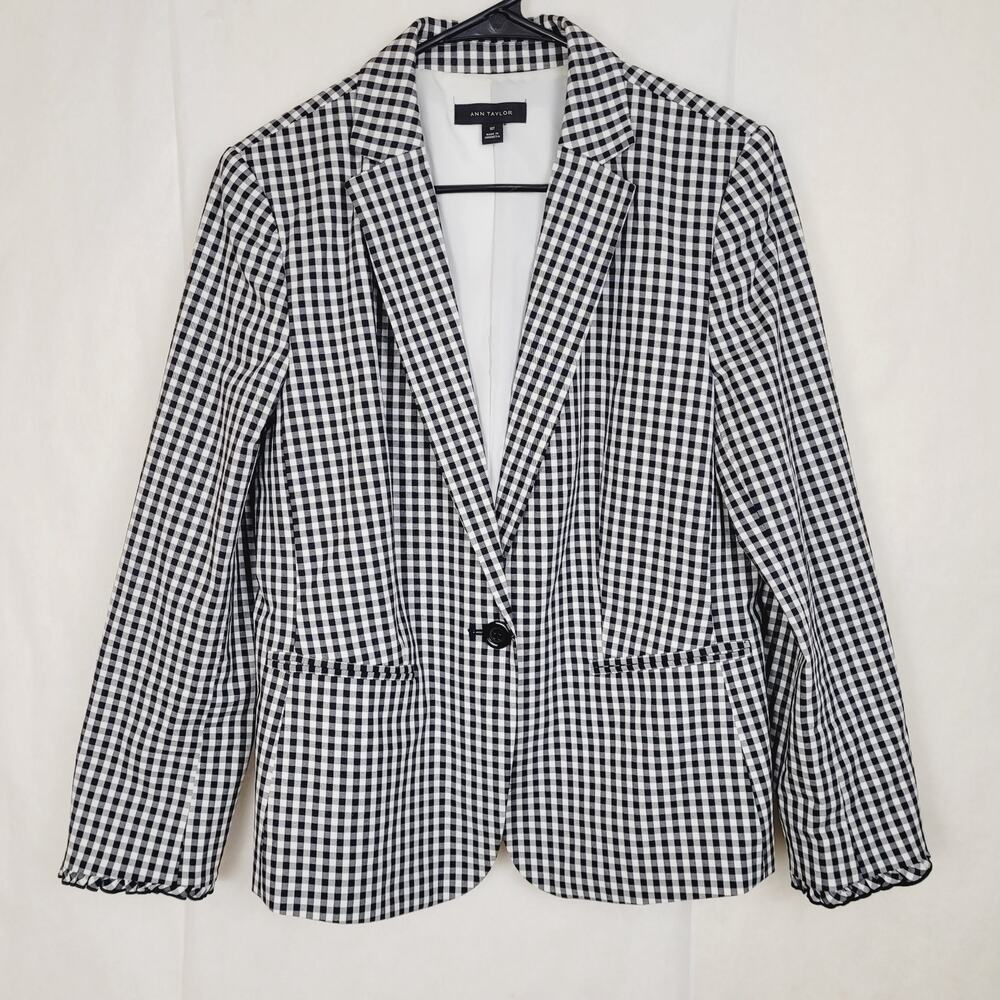 Ann Taylor black and white gingham blazer jacket size 10 Tall Preppy Officecore